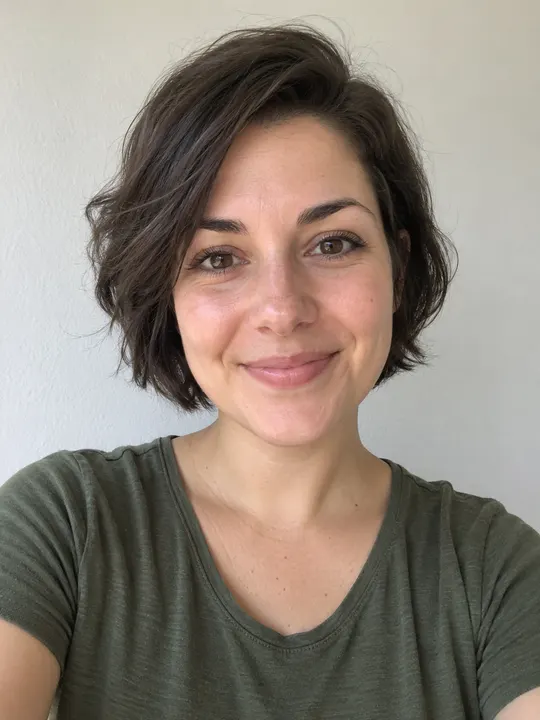 A front-facing selfie of a woman with short dark hair