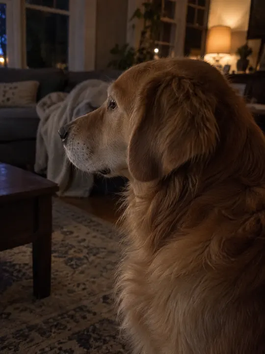 A golden dog in profile in a dim room