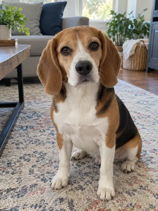 A beagle sitting and facing the camera in daylight